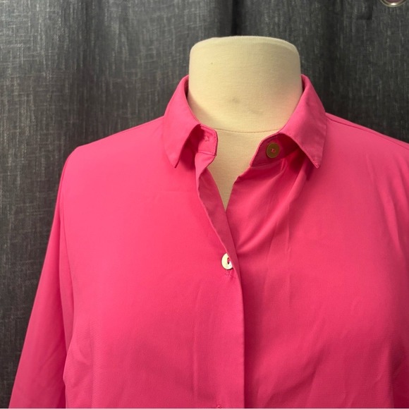 Gretchen Scott‎ Bright Hot Pink Button Down Shirt Ruffle Sleeve (Large) - Picture 2 of 8